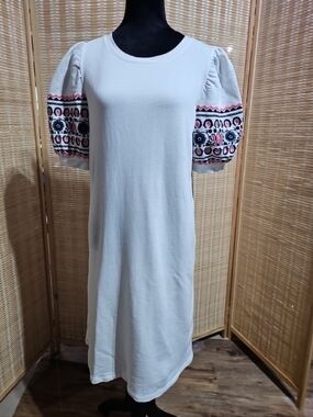 LOFT Boho Puff Sleeve Dress M White Embroidered Cottagecore Midi Shift